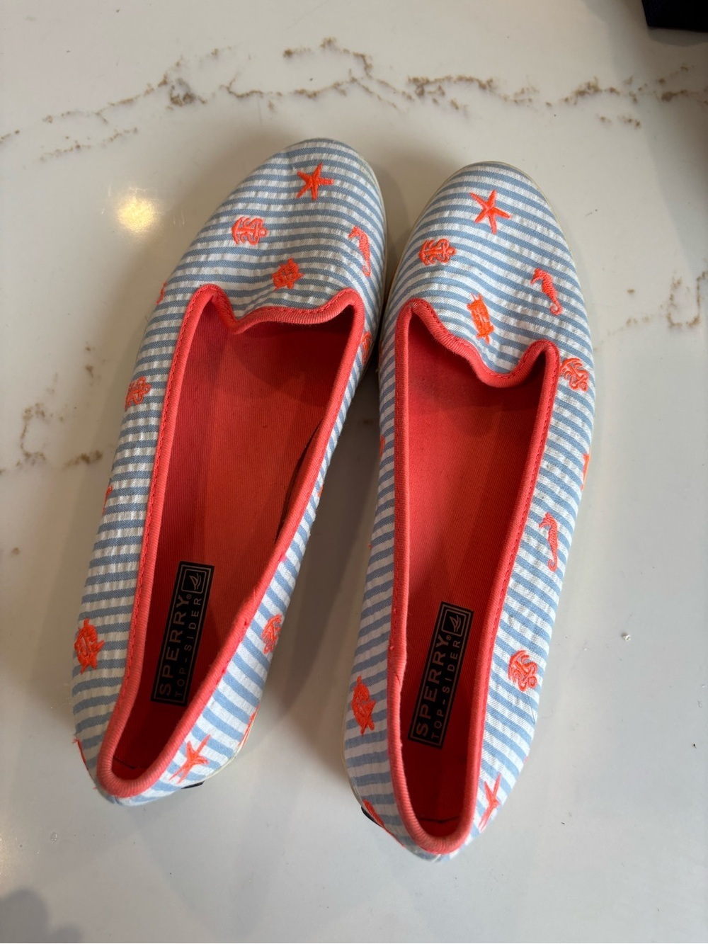 Sperry Blue & White Striped Slip-On Flats with Coral nautical Embroidery